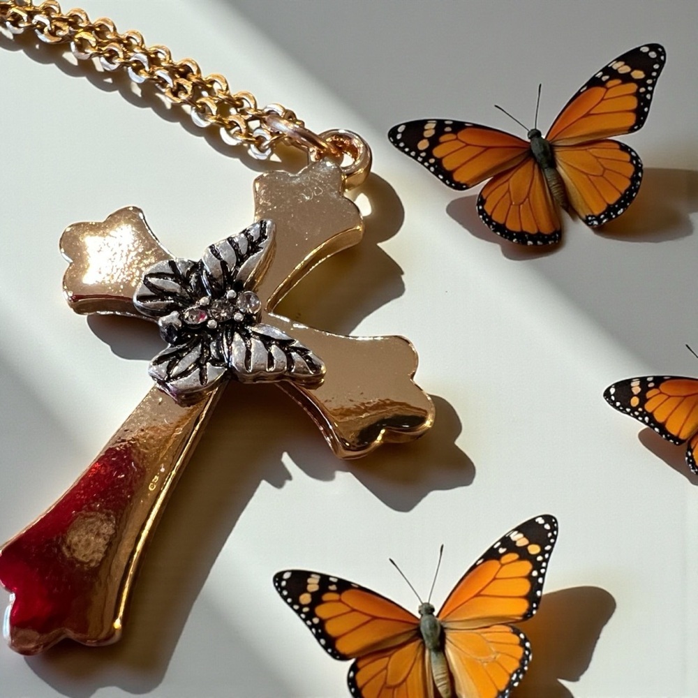 Gold and Silver Toned Cross and Butterfly Pendant Necklace - Picture 6 of 17
